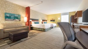 A guest suite at the Home2 Suites by Hilton in Roseville, MN.
