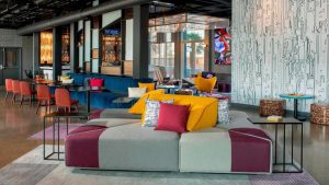 Lobby bar at the Aloft hotel in Waukee, IA.