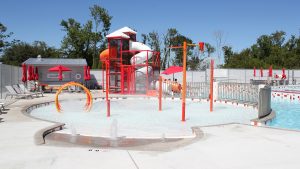 The spray and play feature at Belle Chasse YMCA in Belle Chasse, LA.