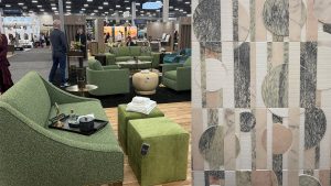 A collage that showcases green couches and tile with a nature-inspired color palette. 