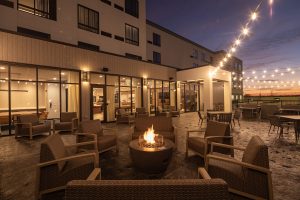 An outdoor fire pit area at a hotel.